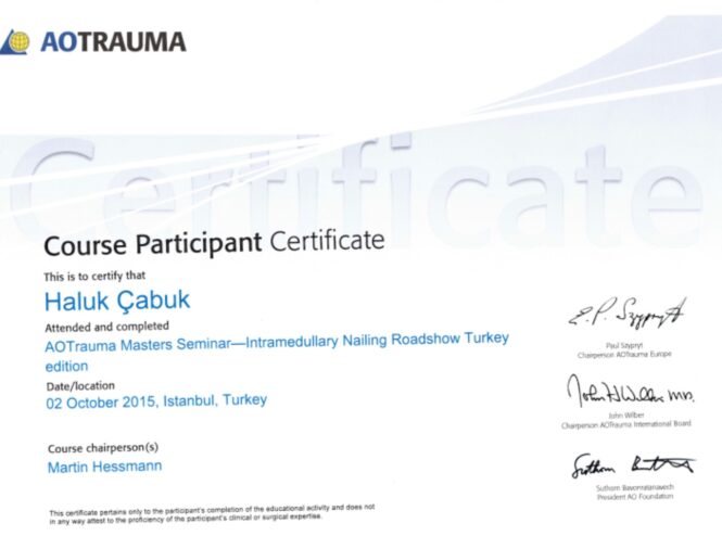 AOTrauma Masters Seminar Intramedullary Nailing Roadshow Turkey certificate awarded to Prof. Dr. Haluk Cabuk