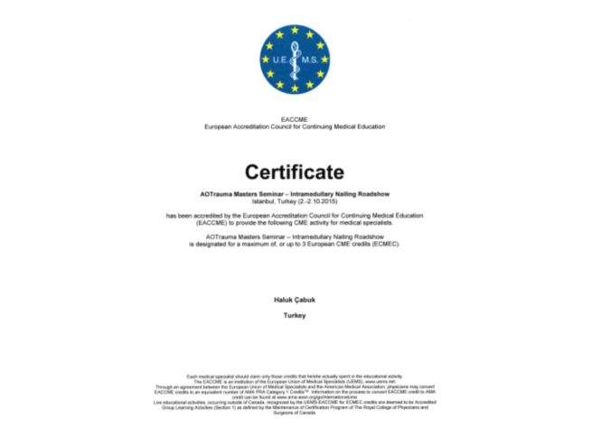 European CME accreditation certificate awarded to Prof. Dr. Haluk Cabuk