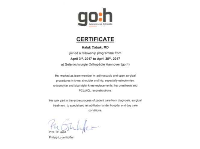 Fellowship certificate from Go:Sports Orthopaedic Clinic Hannover Germany