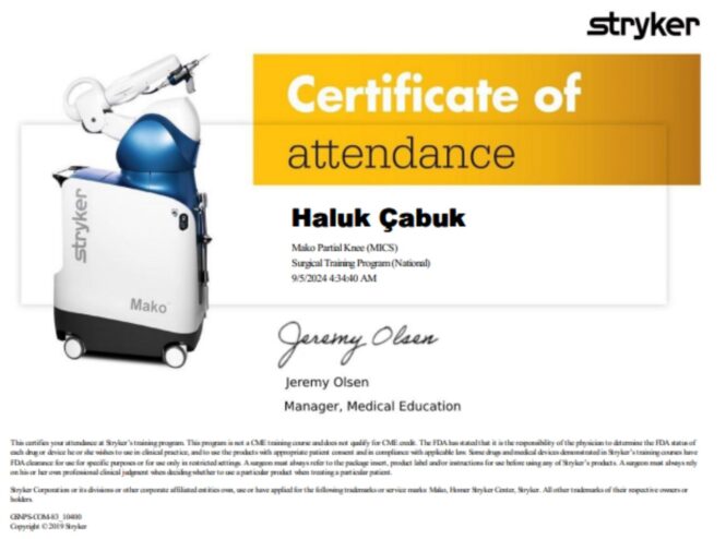 Mako Partial Knee surgical training certificate