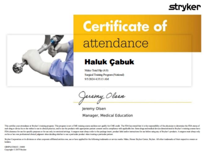 Mako Total Hip robotic surgery training certificate