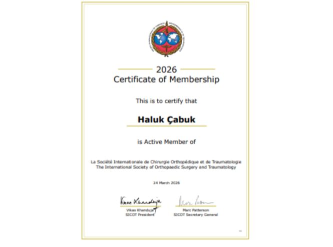 SICOT membership certificate for Prof. Dr. Haluk Cabuk
