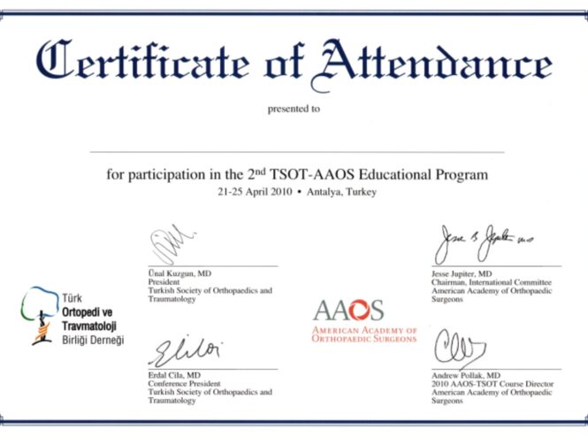 Certificate of participation in the TSOT-AAOS educational program